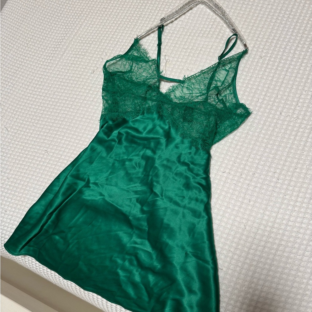 Victoria’s Secret Green Lace Diamanté Strap Teddy Plunge Slip 22875
